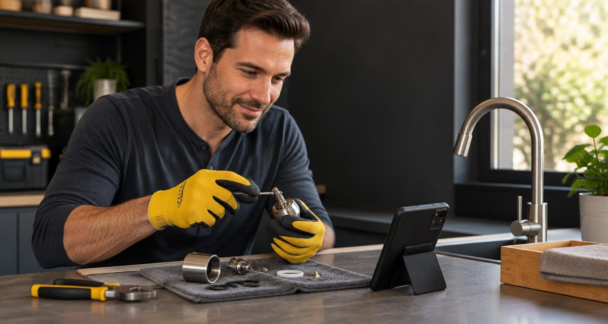 A homeowner following a repair walkthrough at a workbench