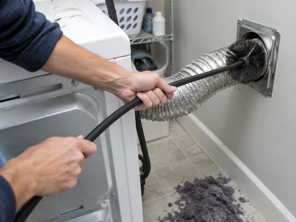 Hands cleaning a dryer vent duct with a brush behind a clothes dryer