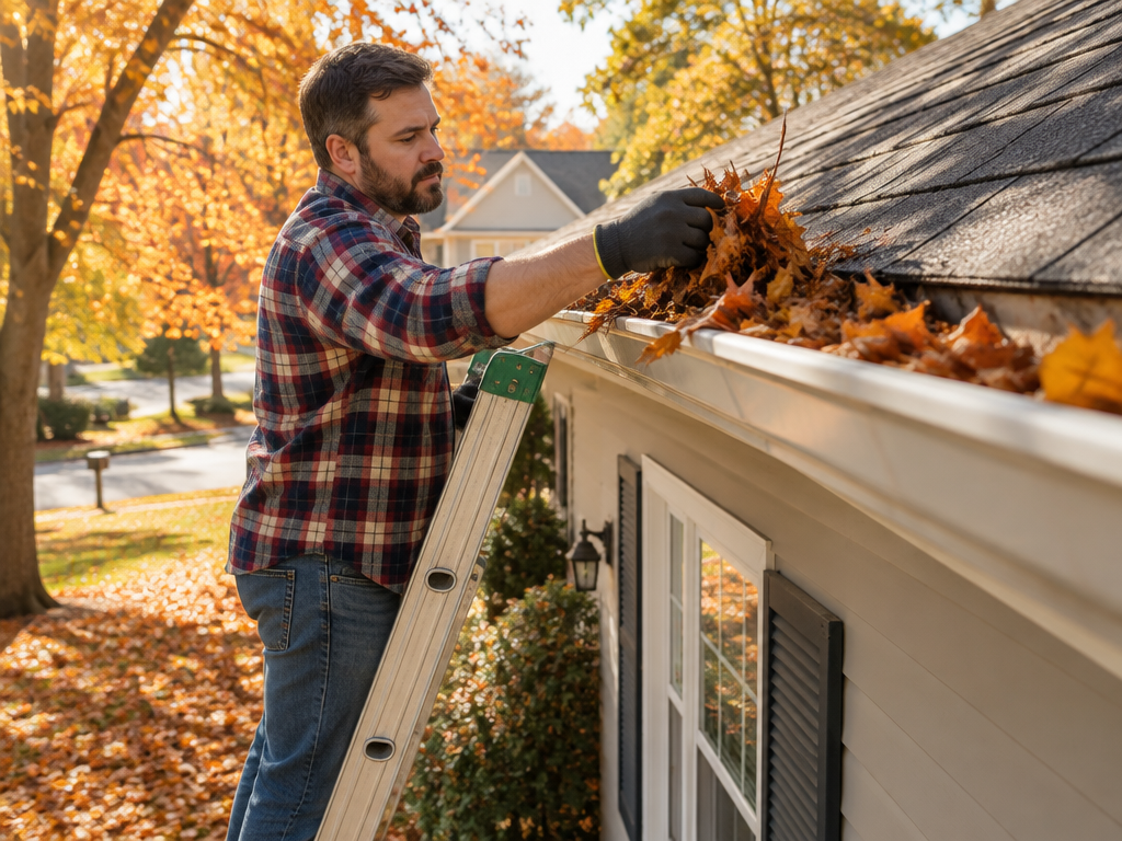 Autumn home exterior with rake, gutter debris and a maintenance checklist on the step