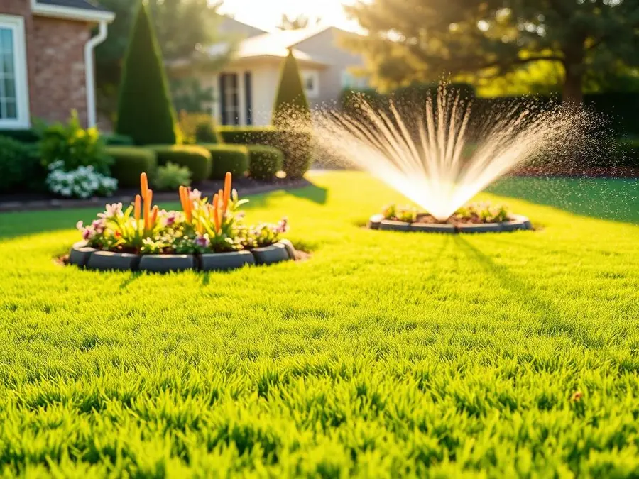 Green North Texas lawn with garden beds and a sprinkler running