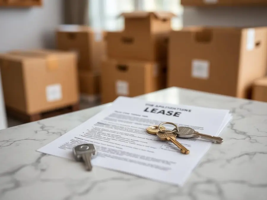Keys and a lease document on a counter with moving boxes behind