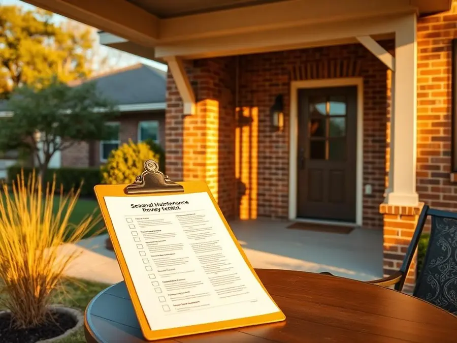 Texas brick home at golden hour with a maintenance checklist on the porch