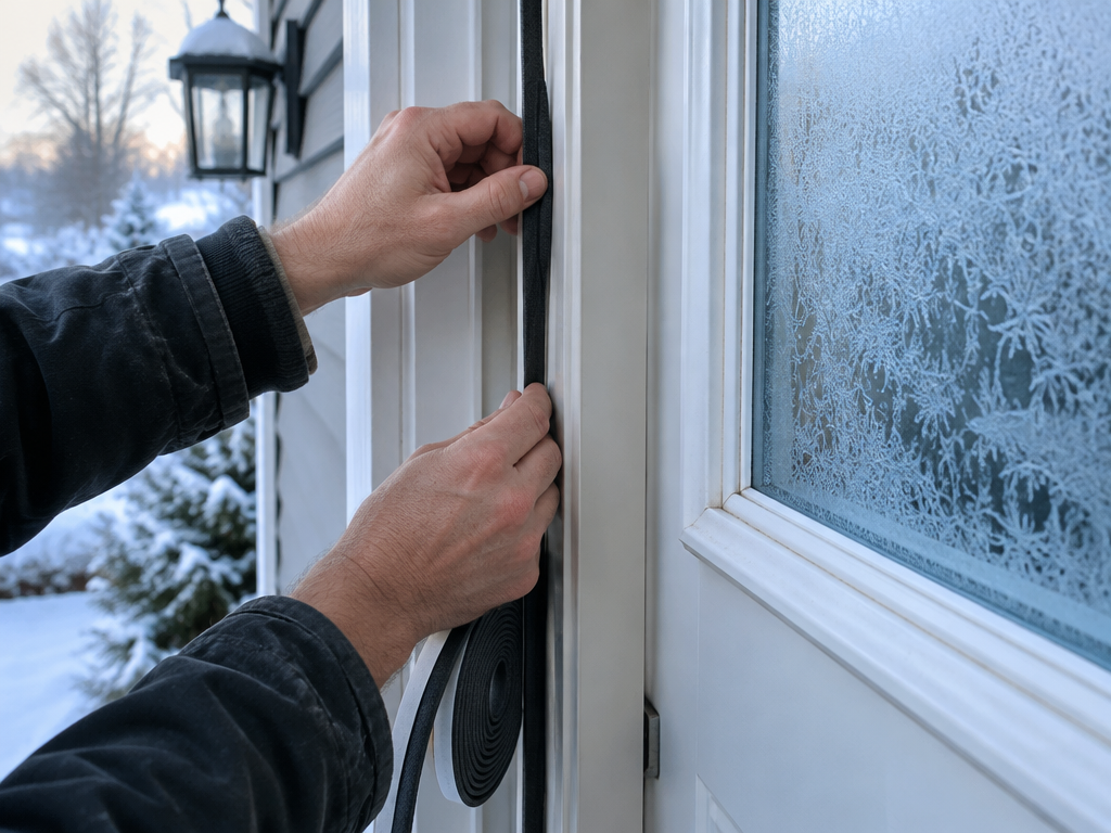 House exterior in cold weather with insulated pipes and weather-sealed door